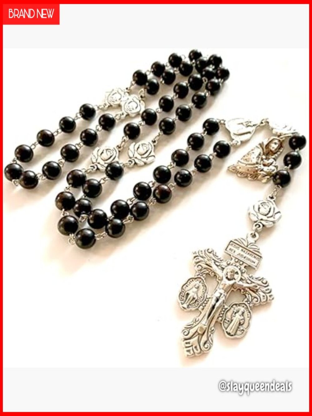 Handmade Black Ebony Wood Rosary Cross Necklace Catholic Gift 23in